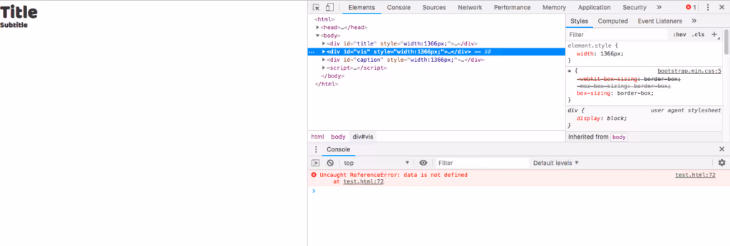 HTML screenshot of "Title, Subtitle, Caption, but with some basic font styling applied, with the inspect developer panel expanded to see the error that was caught in the console.