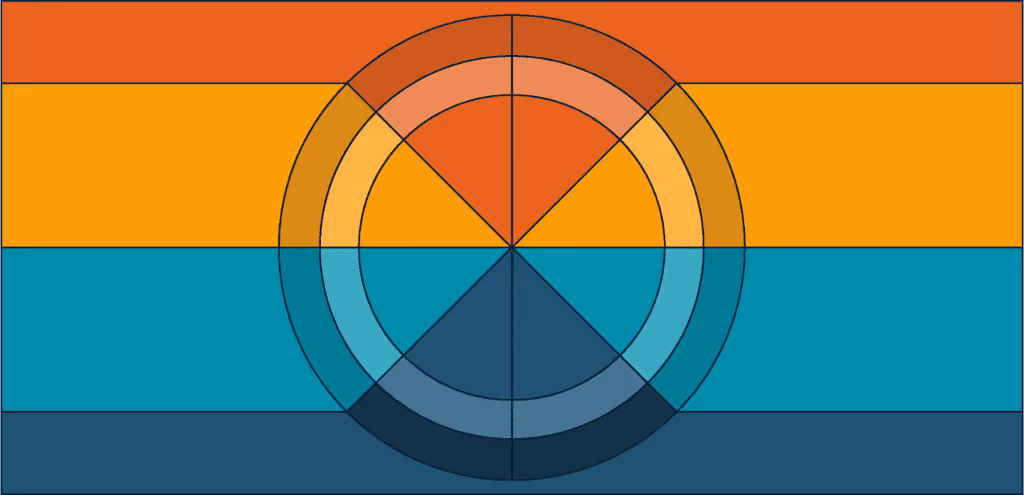 Illustration of a nested circle chart with slices of different colors and shades