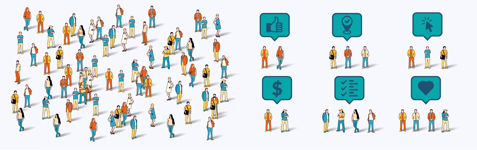 Illustration of a crowd of people from above with the left side being everyone mixing and mingling and the right side groups of people segmented into categories.