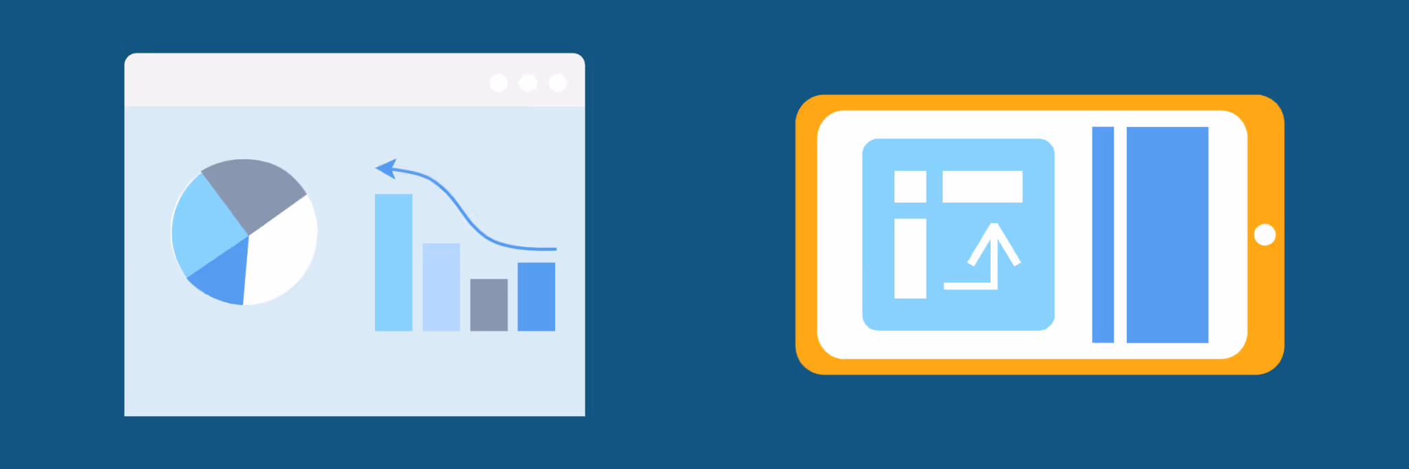 illustration of a web browser and a phone side by side, both showing data-rich reports