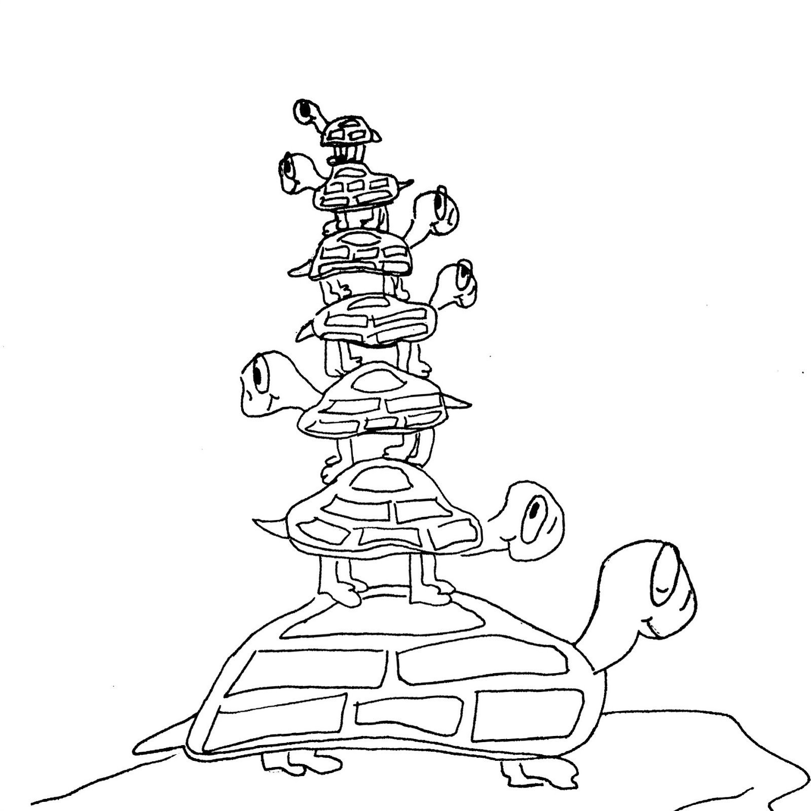 Drawing of turtles stacked on top of each other from the largest to the smallest