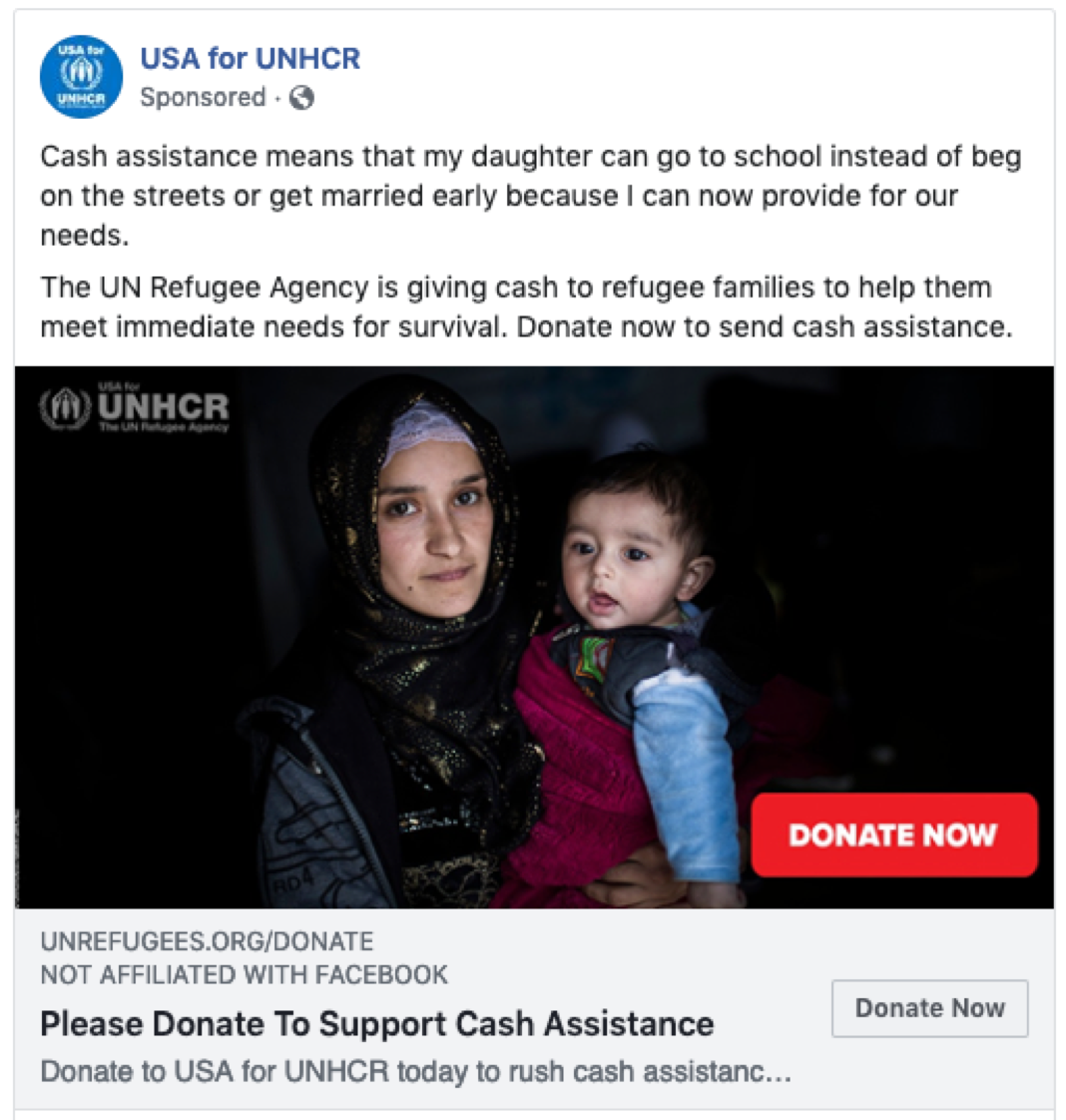 Screenshot of a Facebook post from USA for UNHCR asking for donations