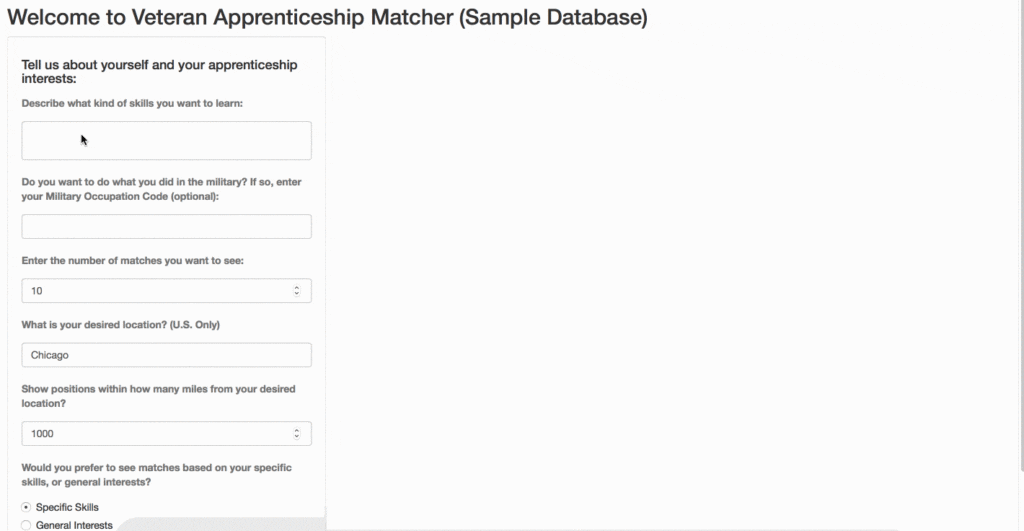 Screenshot of a database interface: "Veteran Apprenticeship Matcher"