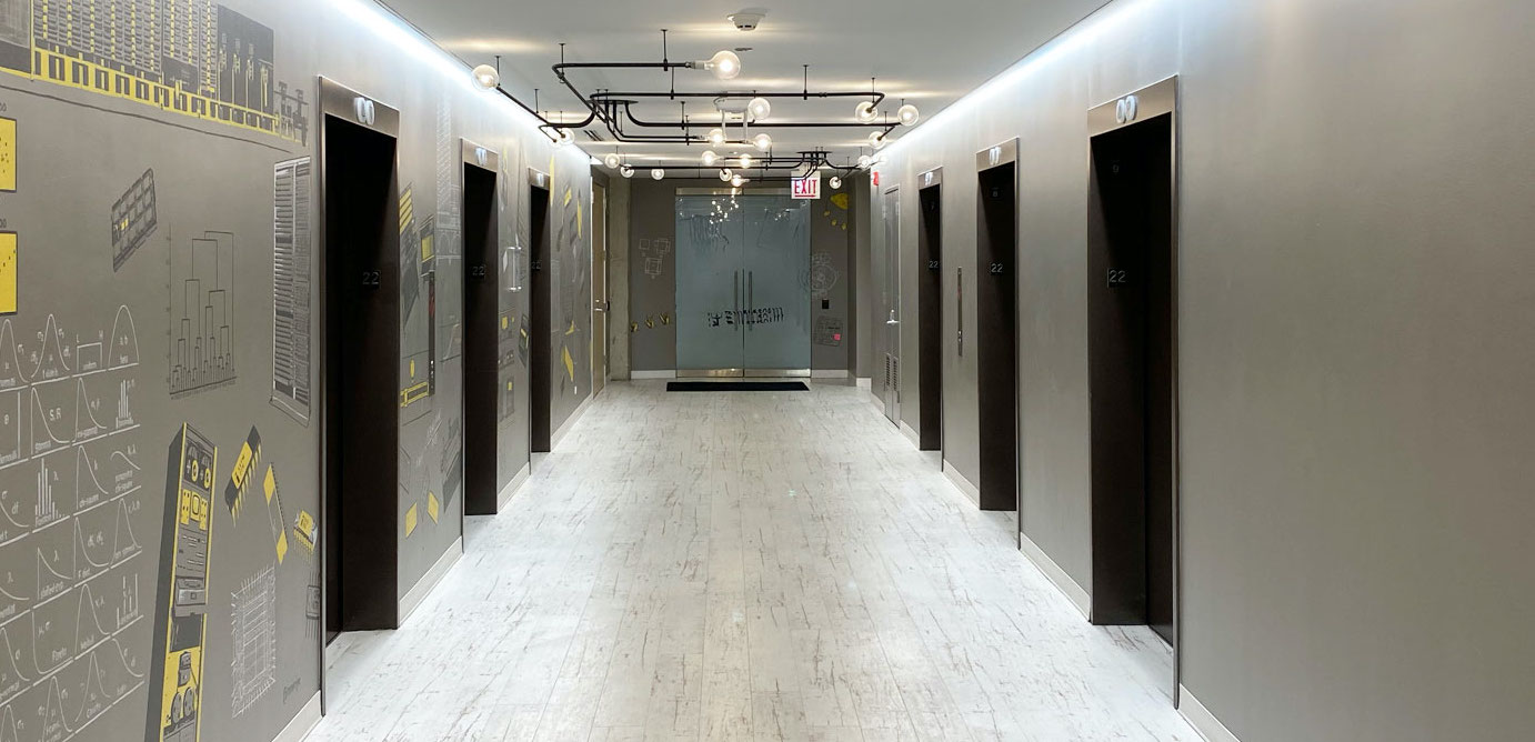Elevator banks at Civis's Chicago office