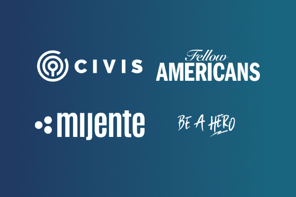 Civis, Fellow American, Mijente, Be A Hero logos on a gradient background