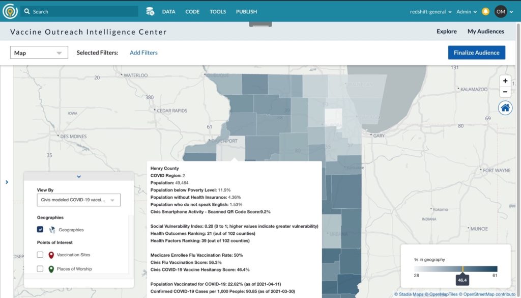 Interactive map in Civis Platform showing more details around the county-by-county breakdown of Illinois.