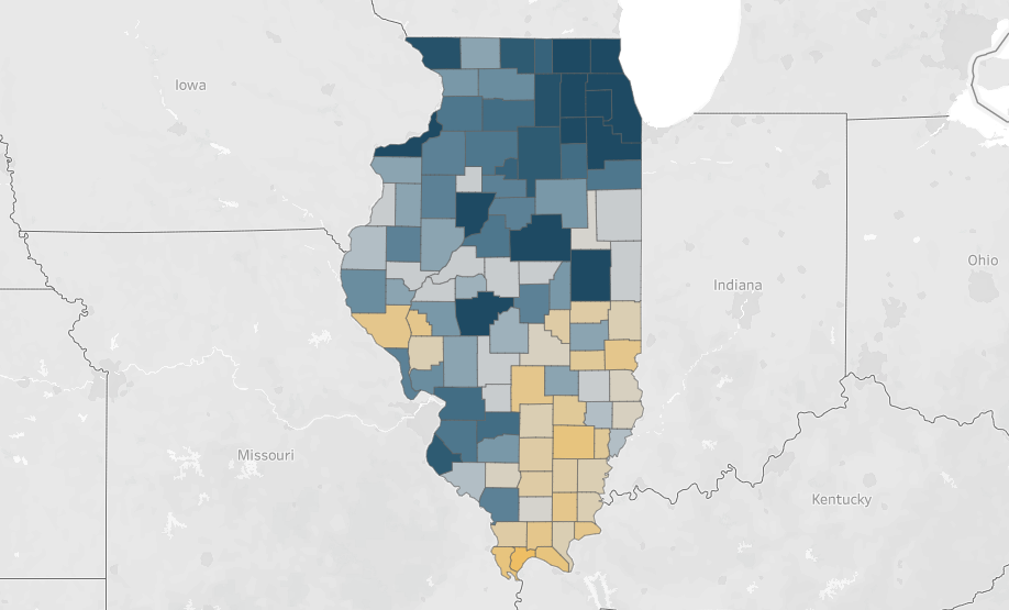 County-by-county heat map of Illinois showing the likelihood of citizens to receive a COVID-19 vaccine