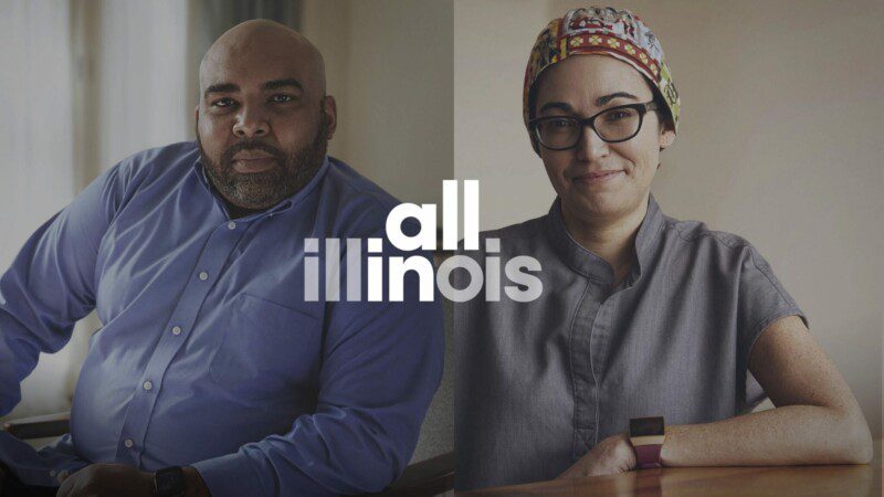 "All In Illinois" overlaid on top of portraits of two individuals