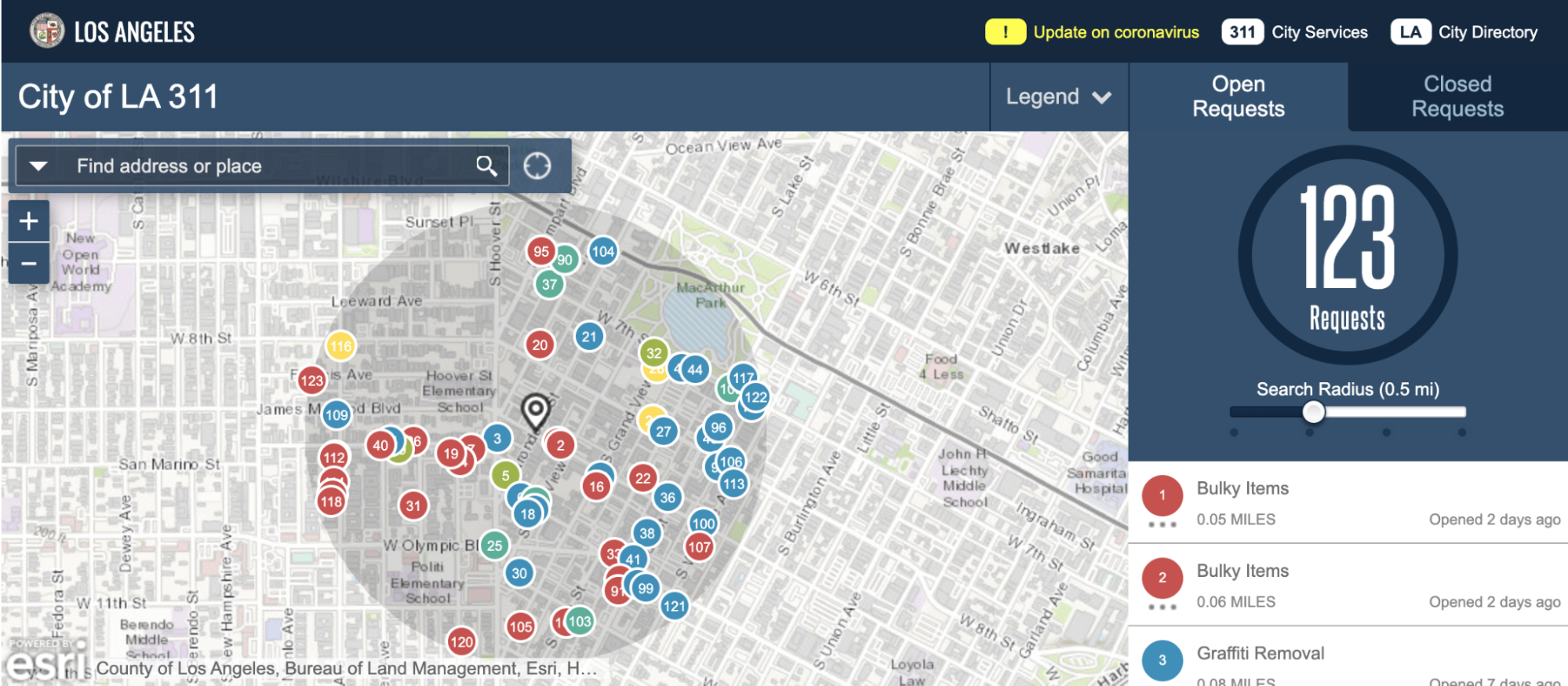 Map showing the open request in the MyLA311 system