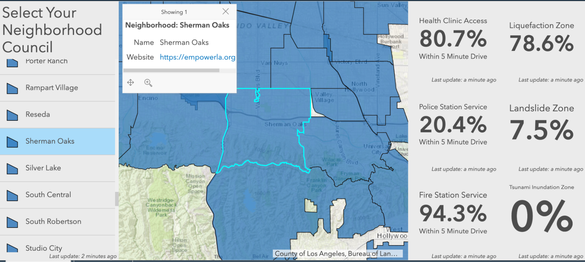 Navigable map showing county division and key statistics for the selected neighborhood