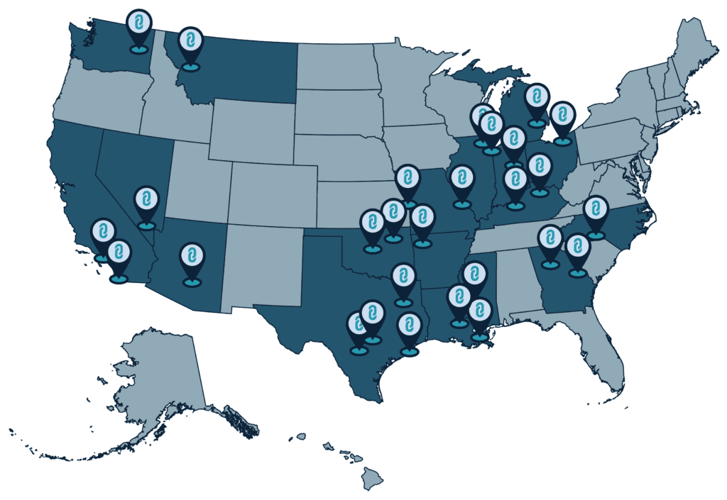 Map of the United State indicating where The Bail Project operates