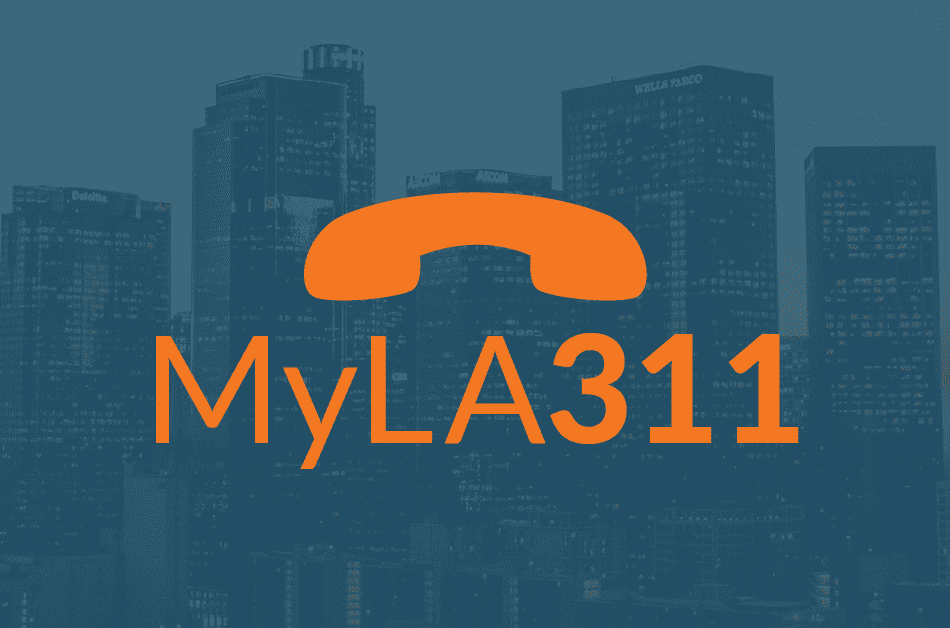MyLA311 logo in orange superimposed over the Los Angles skyline