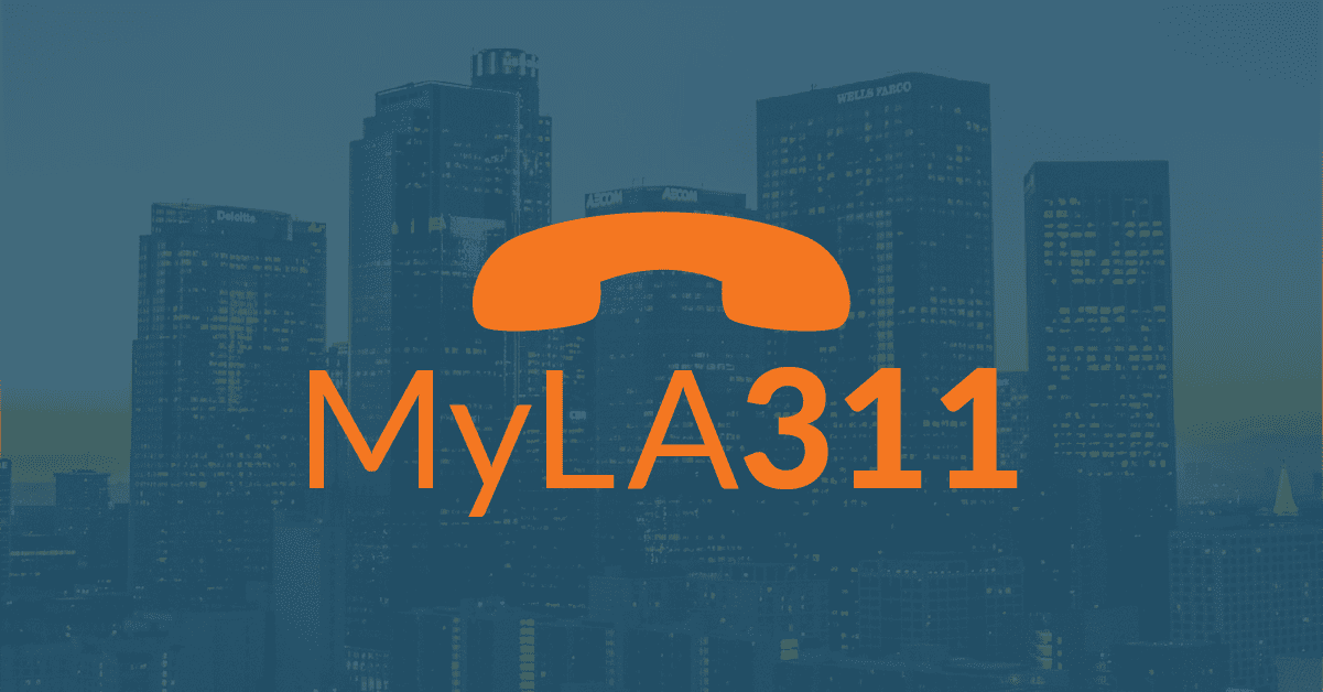 MyLA311 logo in orange superimposed over the Los Angles skyline