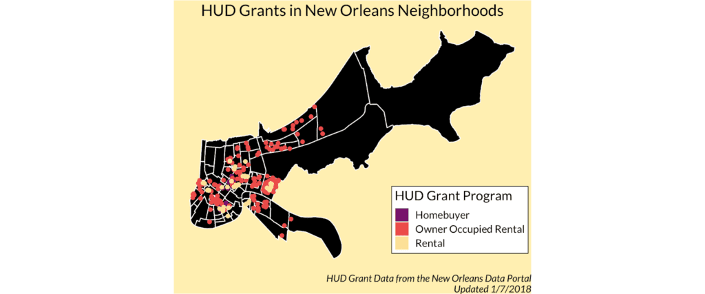 Static map of New Orleans neighborhoods and where HUD grants applied