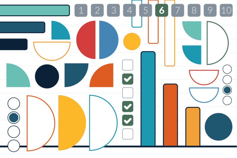Abstract image of differring types of survey results (pie charts, bar charts, scales, multi-selects)