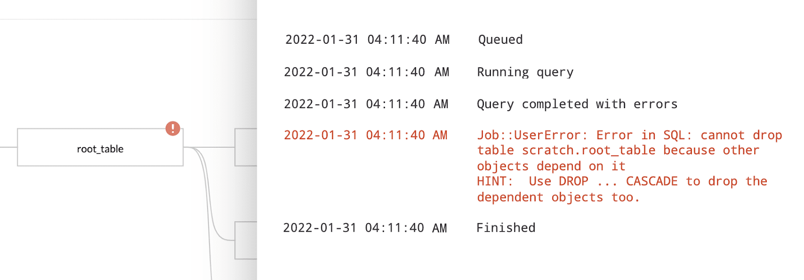 error messages resulting from the inefficient chaining