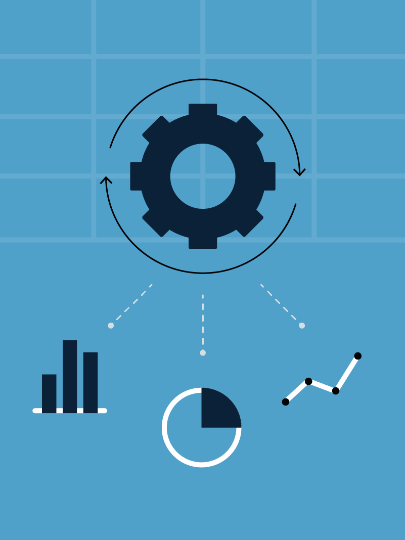 Illustration of a gear connected to different data visualization options (bar chart, pie char, and line graph)