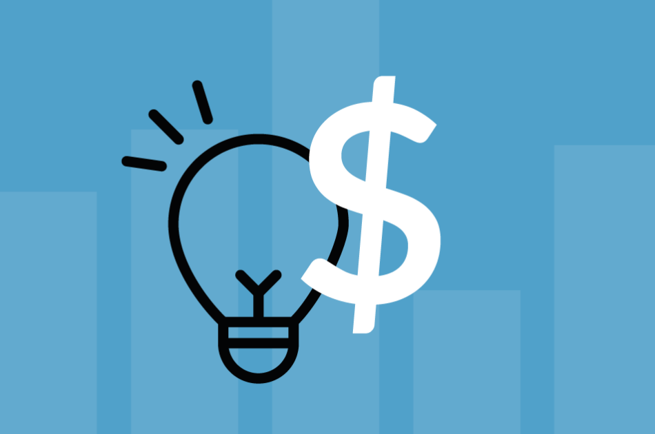 icon of a lightbulb and dollar sign with a bar chart in the background