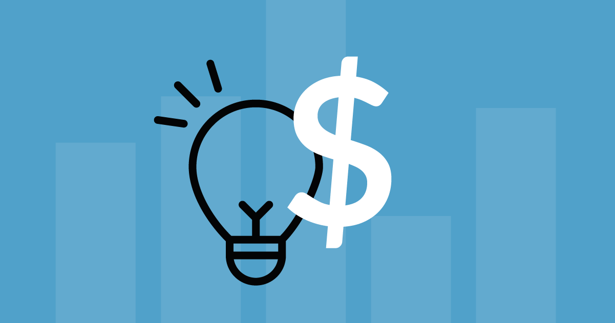 icon of a lightbulb and dollar sign with a bar chart in the background