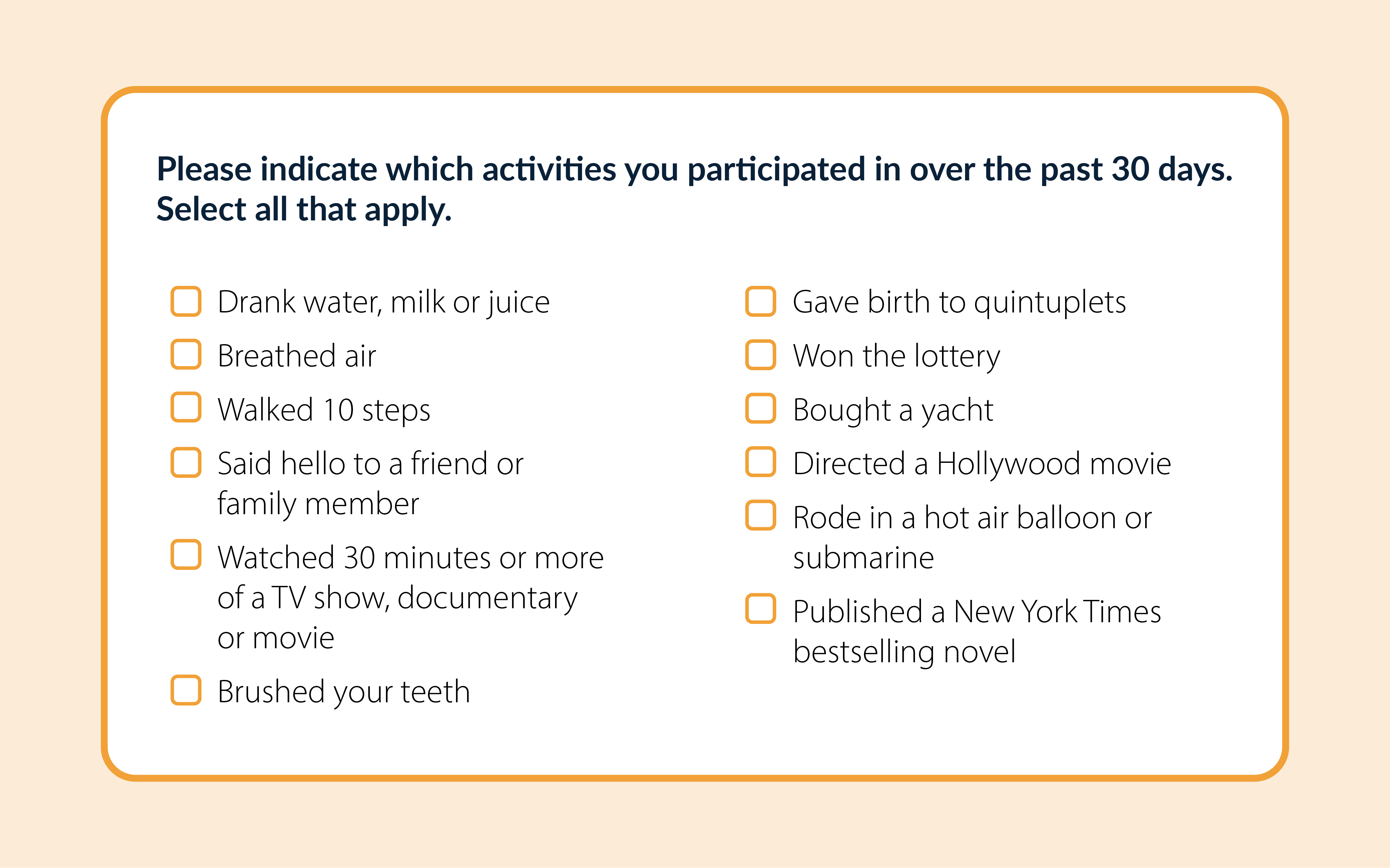 Please indicate which activities you participated in over the past 30 days. Select all that apply.