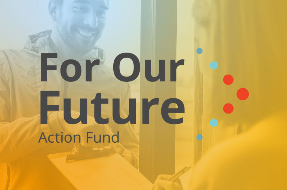 For Our Future Action Fund logo superimposed over a person canvasing for petition signatures