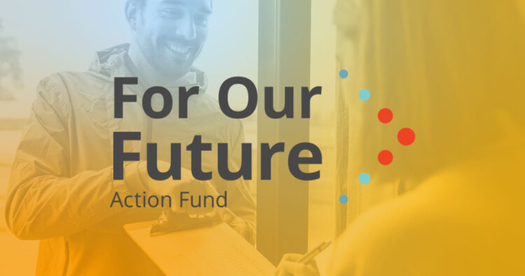 For Our Future Action Fund logo superimposed over a person canvasing for petition signatures