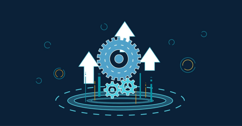 Illustration of gears and arrows emerging out of a circle