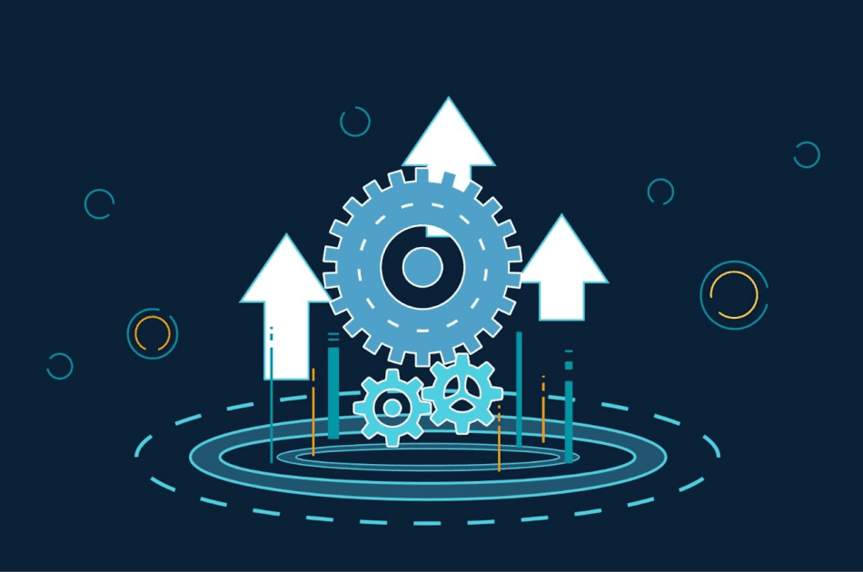 Illustration of gears and arrows emerging out of a circle