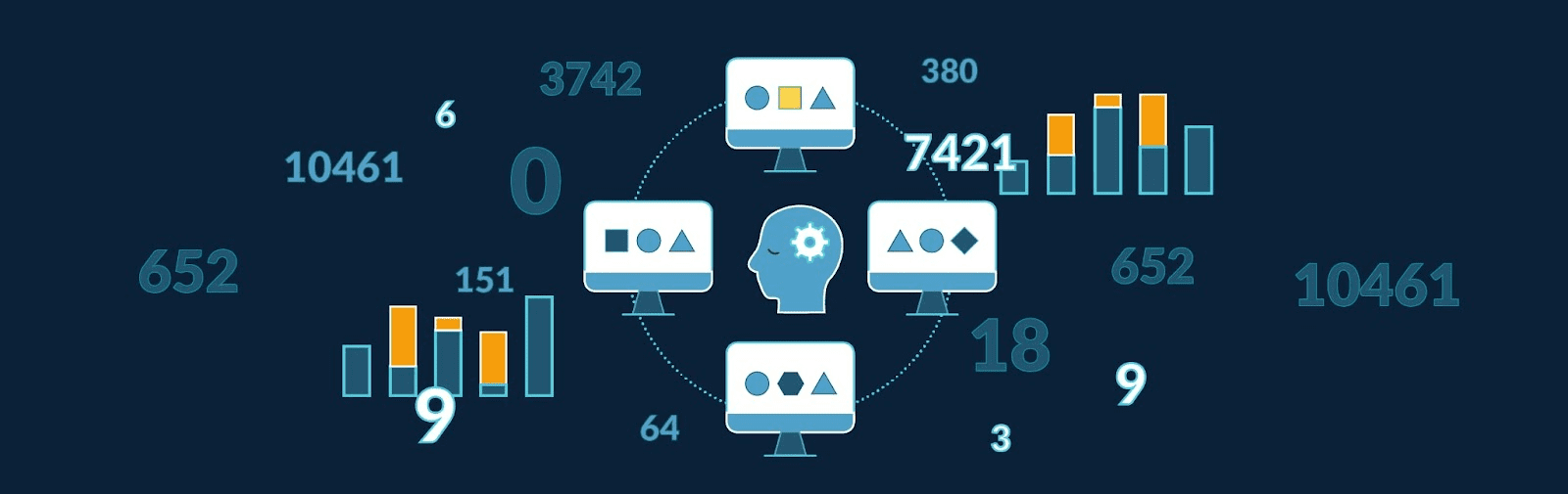 icons of data on computers and numbers with bar charts