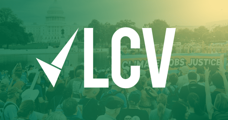 LCV logo on a photo of people gathered together for a march for climate justice