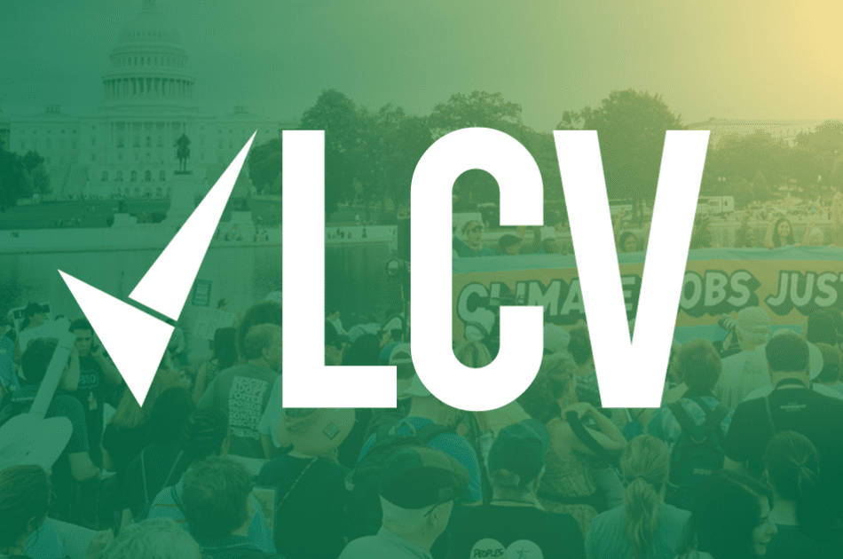 LCV logo on a photo of people gathered together for a march for climate justice