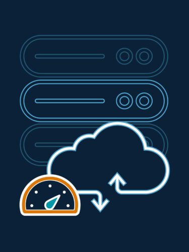 illustration of a set of servers syncing via the cloud with an speedometer icon indicating a fast sync