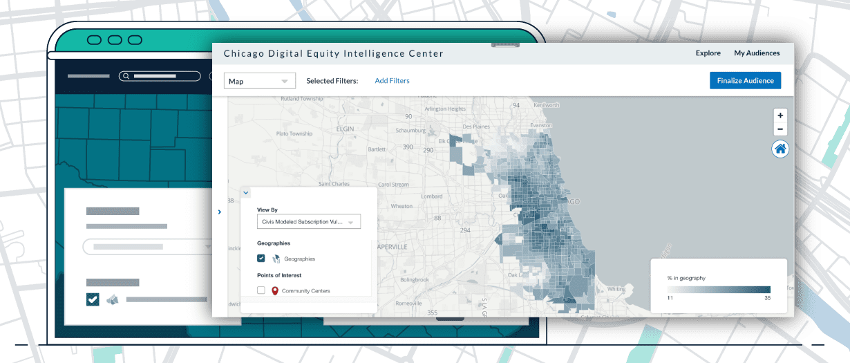 Example map from our Digital Equity Intelligence Center (DEIC). This one shows the concentration of census tracts in Chicago where people have trouble paying for their internet bills.
