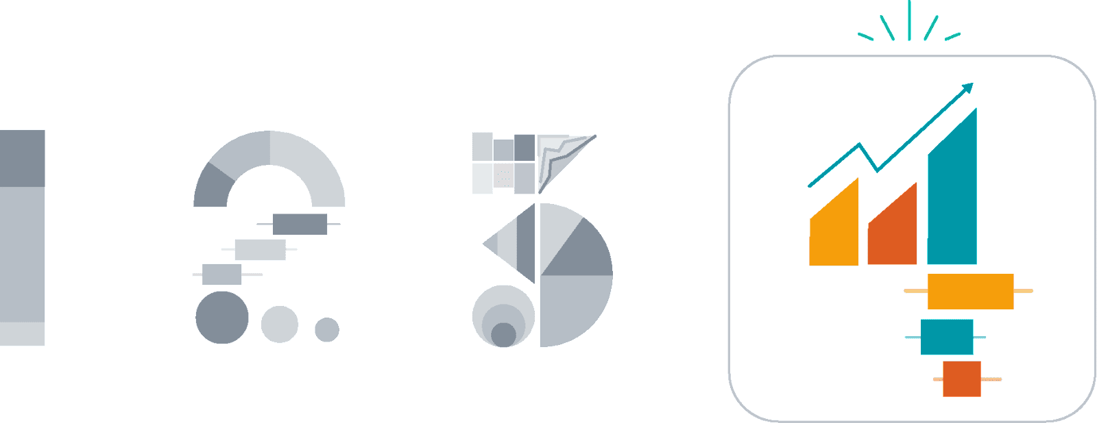 illustration of step four: icons of a different data representations drawing out the numeral 4