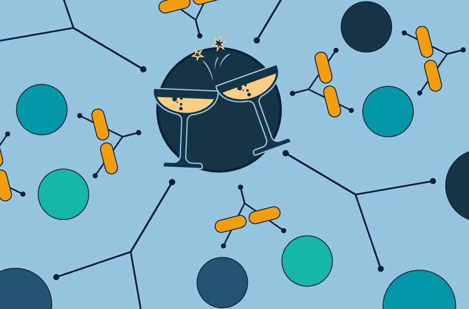 Illustration of champaign glasses clinking surrounded by workflow diagrams