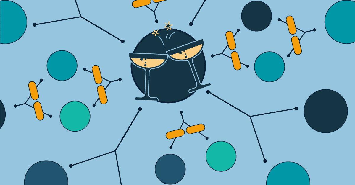 Illustration of champaign glasses clinking surrounded by workflow diagrams