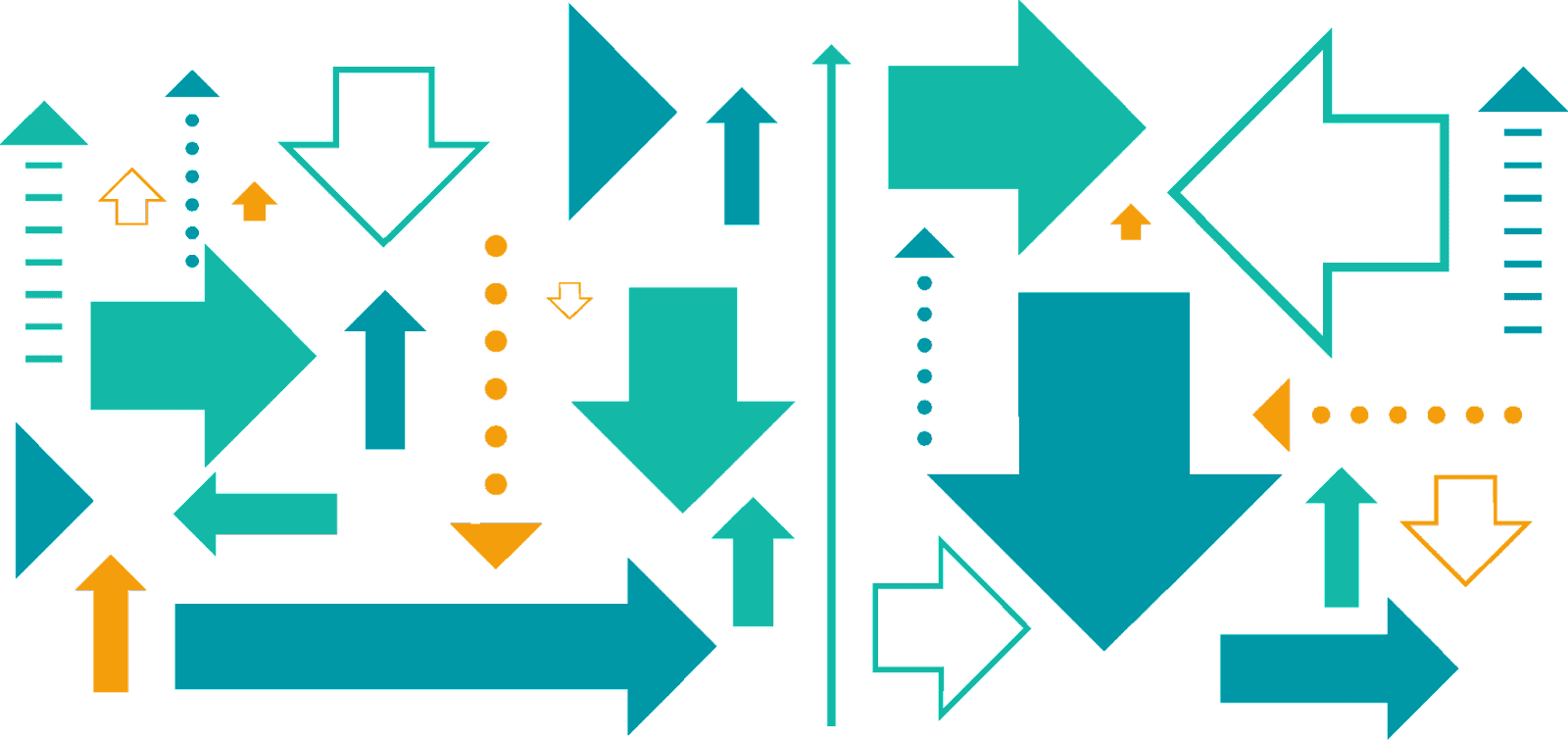 Graphic of arrows of differing sizes and styles all pointing different directions