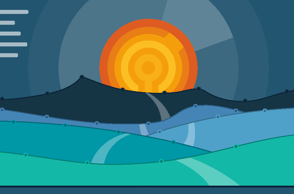 An illustration of a landscape made with plot charts and pie charts