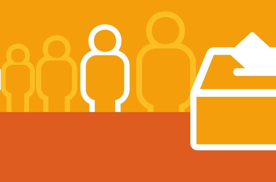 illustration of people lined up in front of a ballot box with 3 of them highlighted