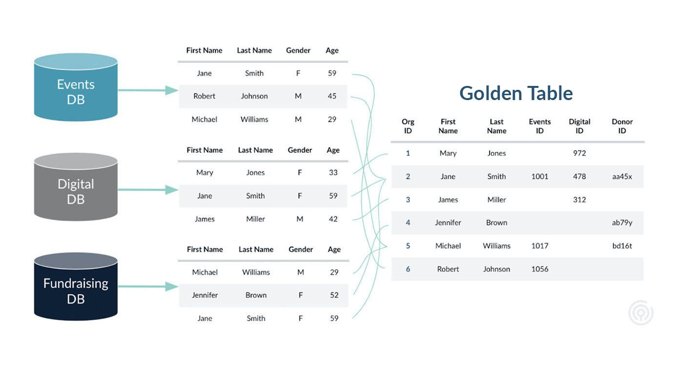 Visualization showing how we match customers from different data sources create a comprehensive data record for each individual