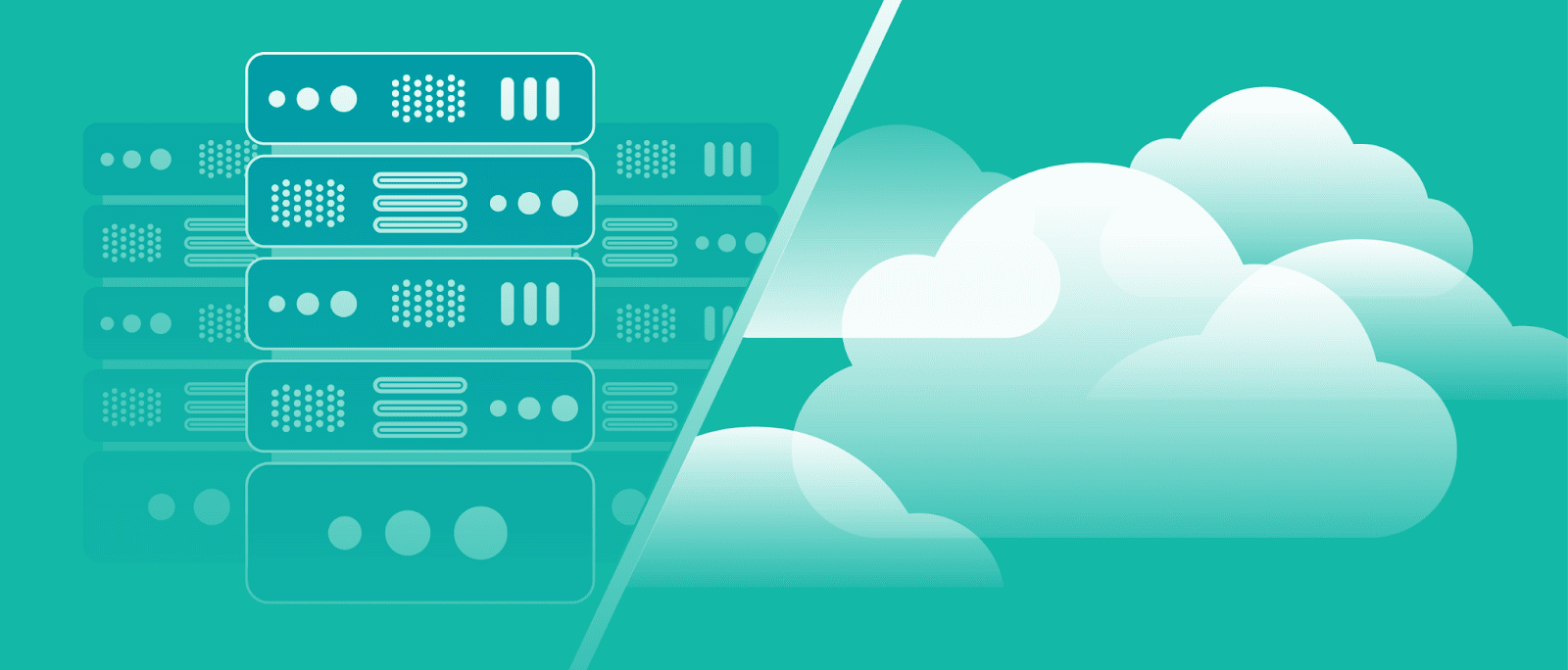 illustration of a split screen of servers on the left and clouds on the right