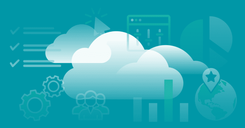 illustration of clouds on top of charts and data symbology