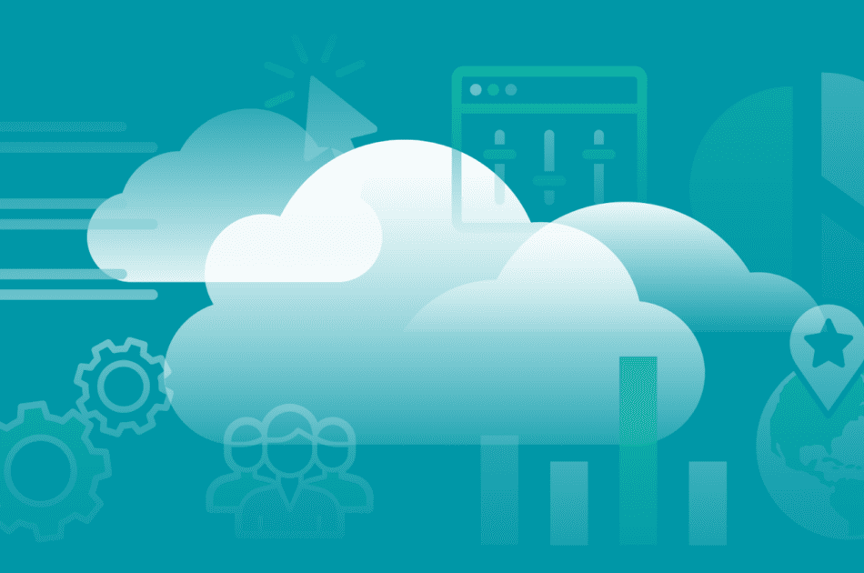 illustration of clouds on top of charts and data symbology