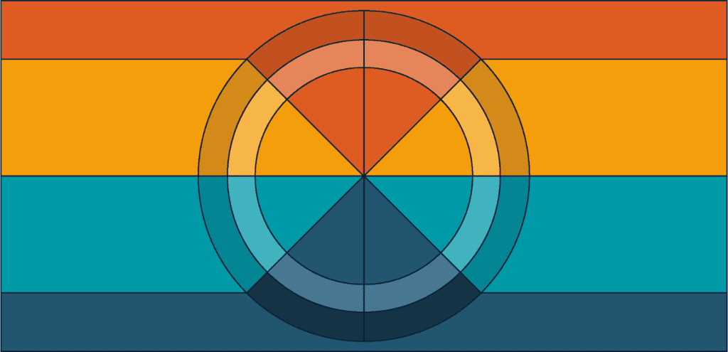 Illustration of a nested circle chart with slices of different colors and shades