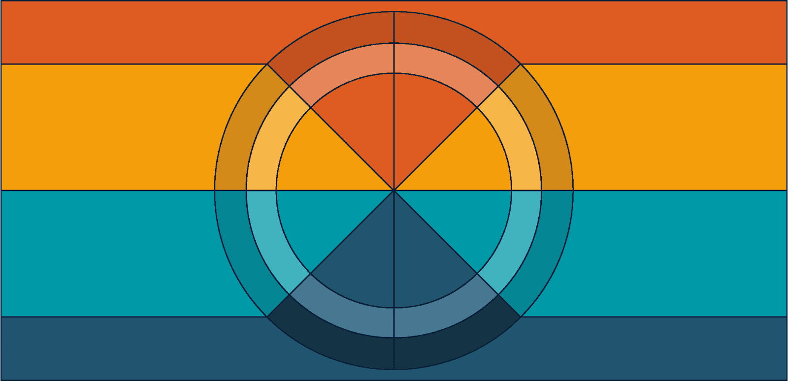 Illustration of a nested circle chart with slices of different colors and shades