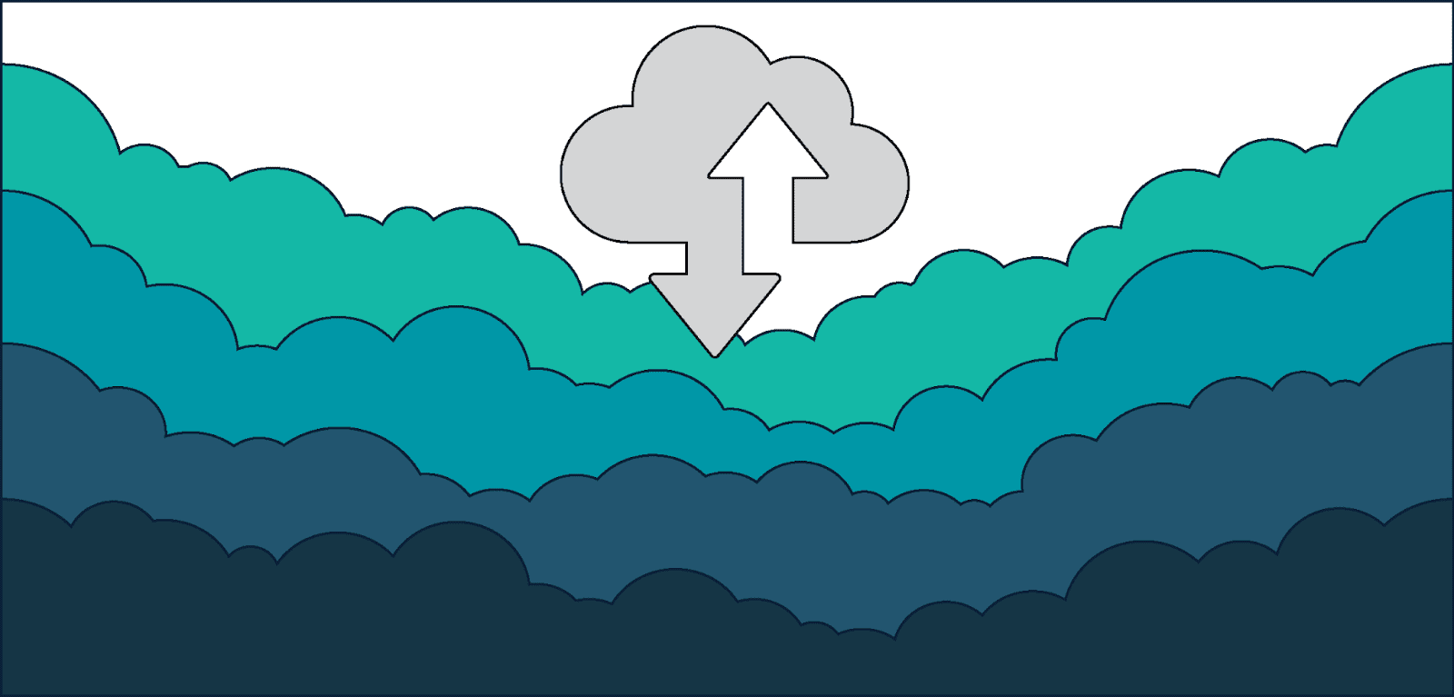 icon of a data storage cloud floating over an illustration of a field of clouds