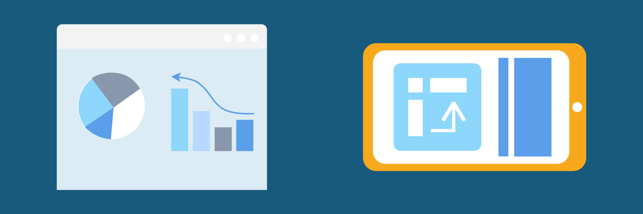 illustration of a web browser and a phone side by side, both showing data-rich reports