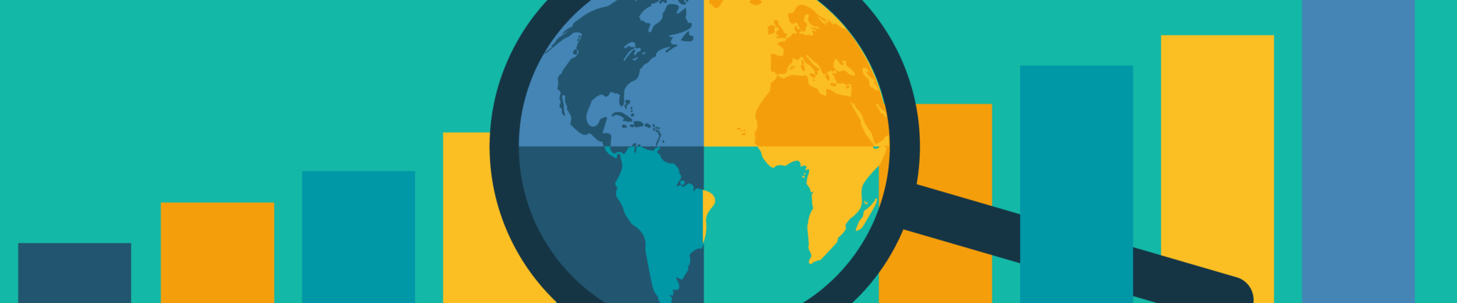 illustration of the earth in a magnifying glass with a bar chart behind it