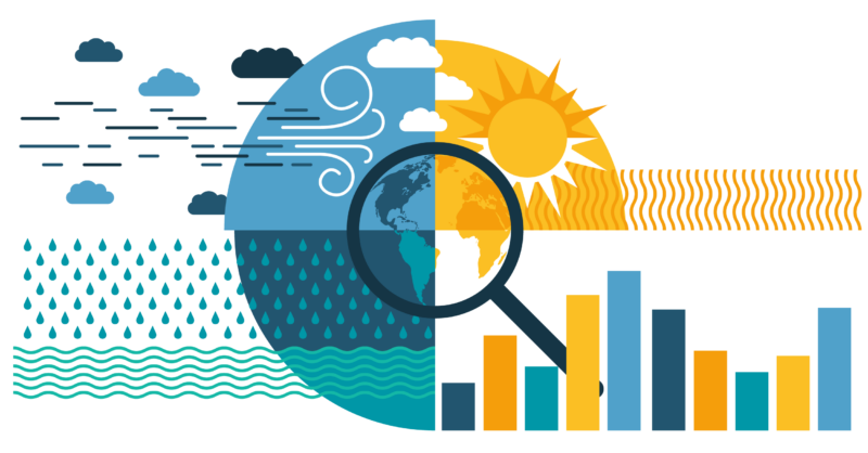 Illustration of weather events with data and a magnifying glass