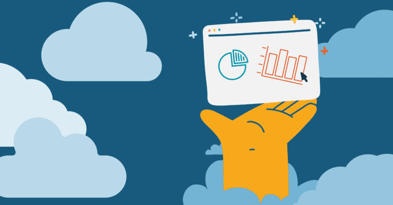 illustration of a hand coming out of the clouds holding a webpage with charts